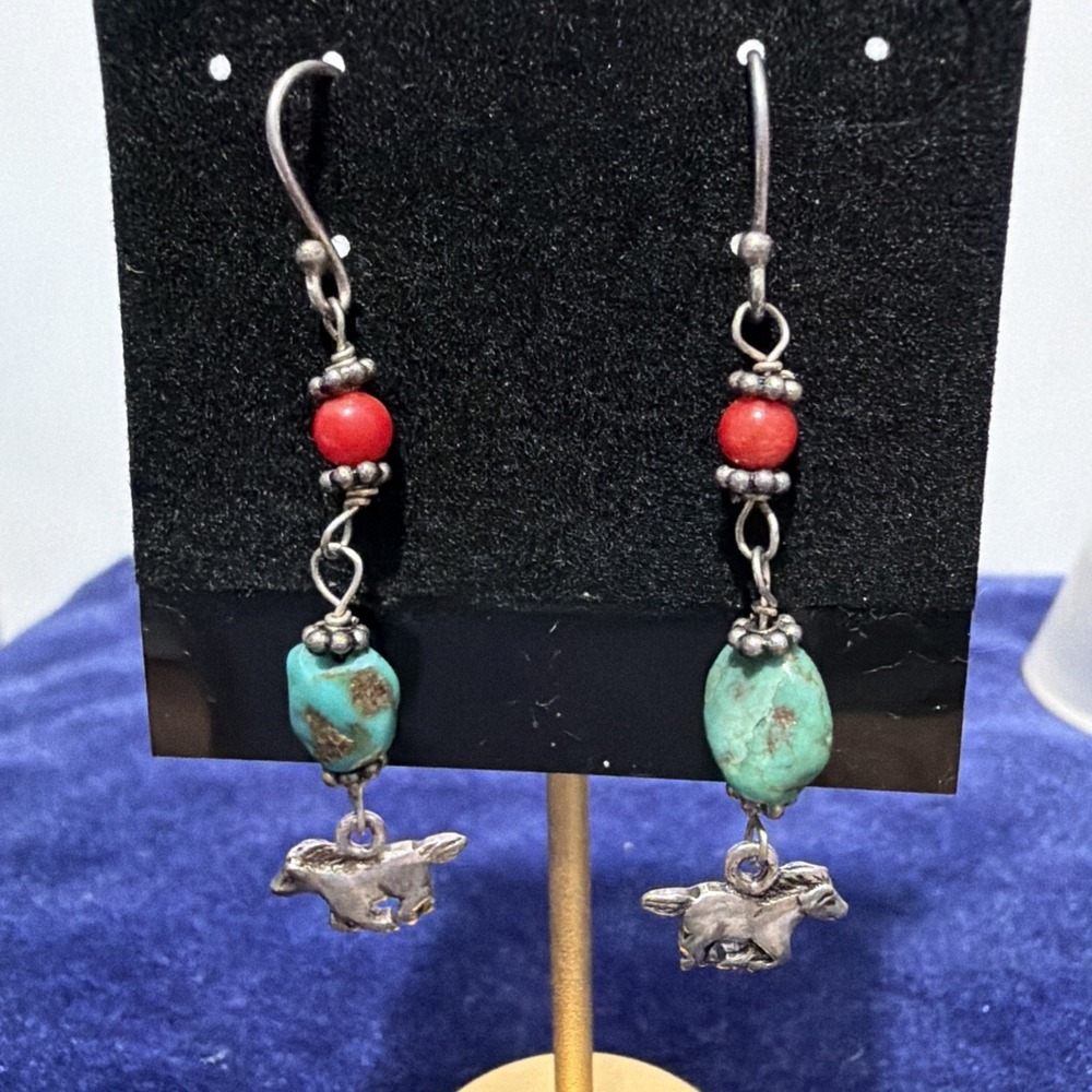 Navajo Sterling Silver Turquoise Coral Bead Horse Dangle Earrings